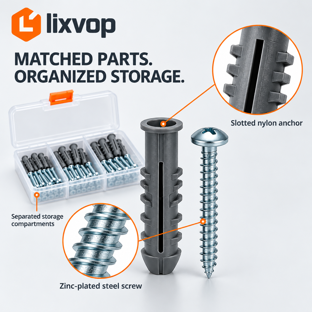 lixvop Assorted Screws and Wall Anchors Organizer Kit — close-up details