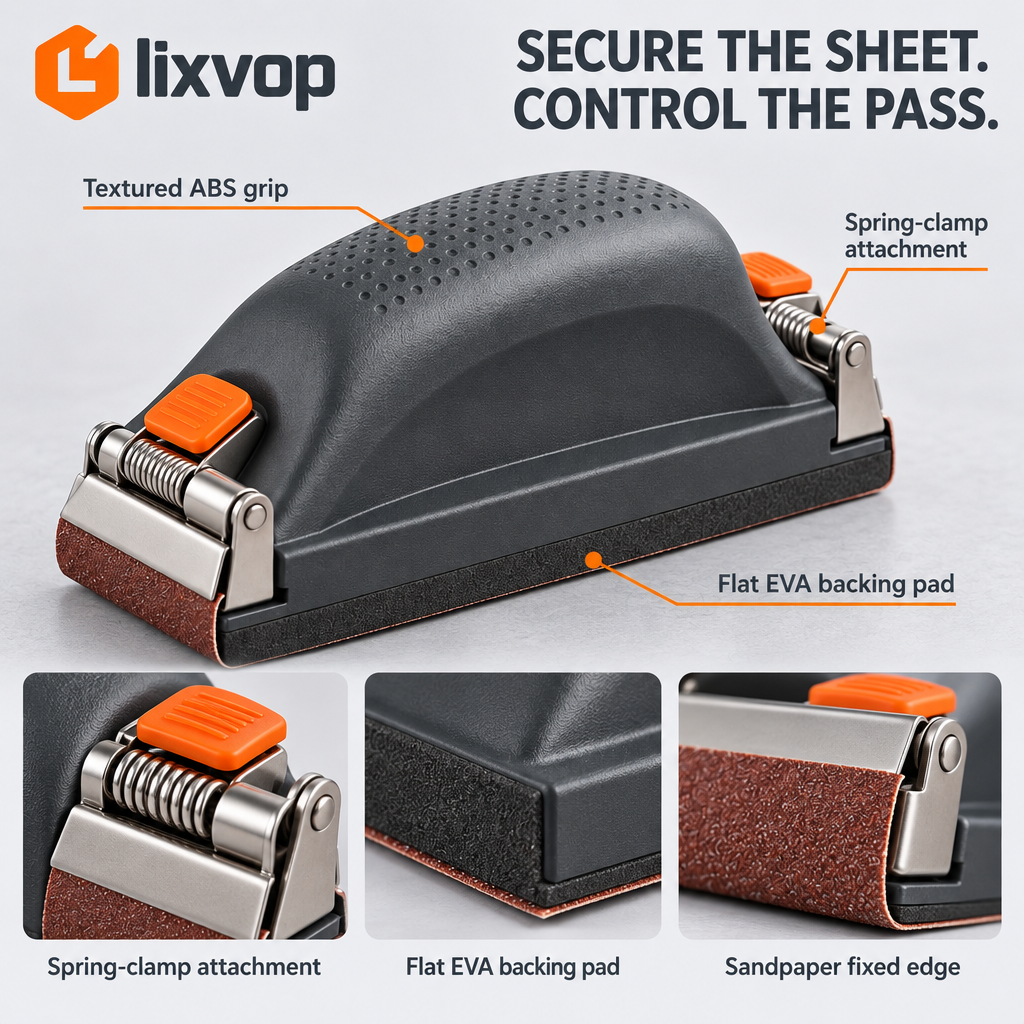 lixvop Ergonomic Hand Sanding Block with Sheets — close-up details
